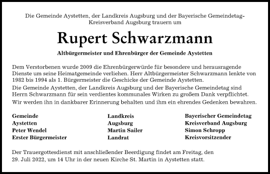 Traueranzeige von Rupert Schwarzmann von Schwabmünchner Allgemeine, Augsburg-Land