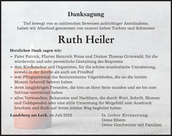 Traueranzeige von Ruth Heiler von Landsberger Tagblatt