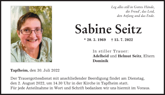 Traueranzeige von Sabine Seitz von Donauwörther Zeitung