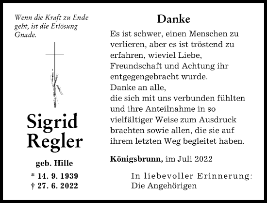Traueranzeige von Sigrid Regler von Augsburg-Land