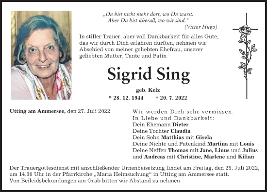 Traueranzeige von Sigrid Sing von Landsberger Tagblatt