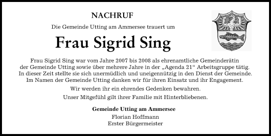 Traueranzeige von Sigrid Sing von Landsberger Tagblatt