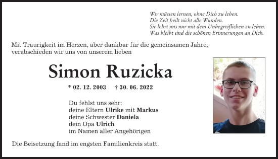 Traueranzeige von Simon Ruzicka von Illertisser Zeitung
