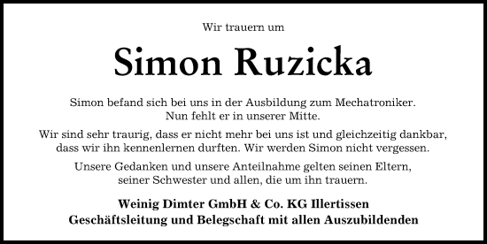 Traueranzeige von Simon Ruzicka von Illertisser Zeitung