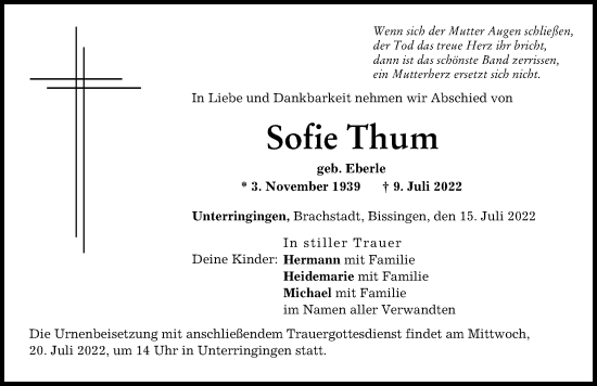 Traueranzeige von Sofie Thum von Rieser Nachrichten
