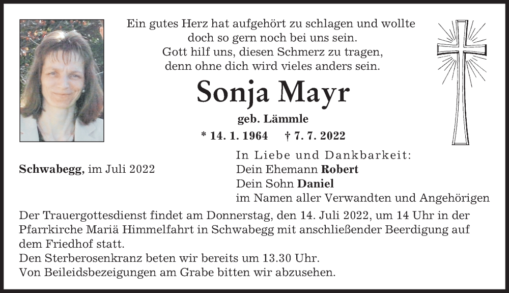  Traueranzeige für Sonja Mayr vom 12.07.2022 aus Schwabmünchner Allgemeine