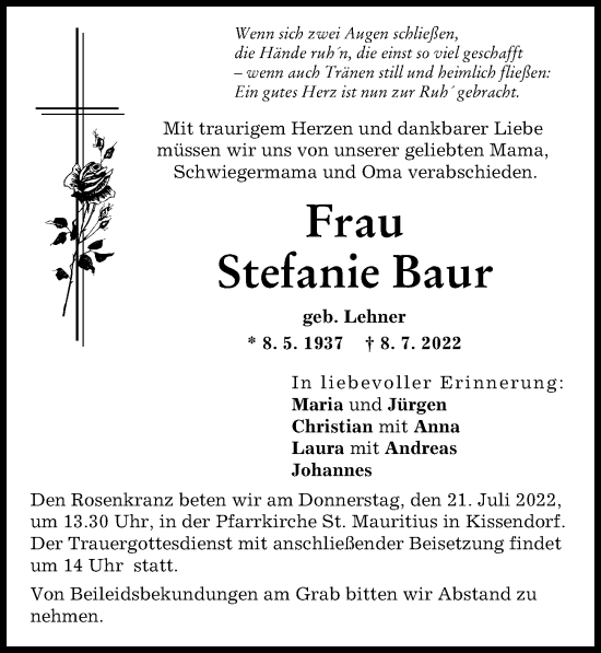 Traueranzeige von Stefanie Baur von Günzburger Zeitung