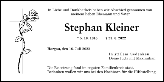 Traueranzeige von Stephan Kleiner von Augsburger Allgemeine