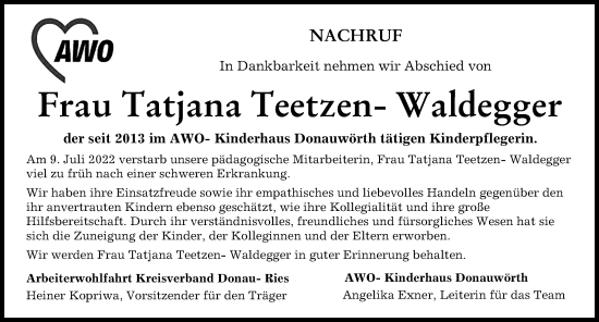 Traueranzeige von Tatjana Teetzen-Waldegger von Donau Zeitung
