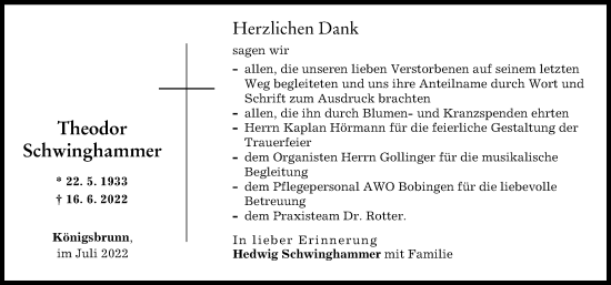 Traueranzeige von Theodor Schwinghammer von Schwabmünchner Allgemeine