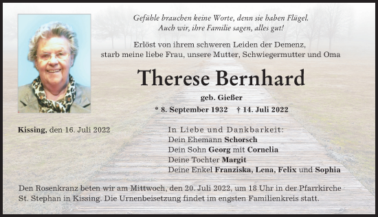 Traueranzeige von Therese Bernhard von Friedberger Allgemeine