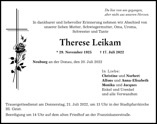 Traueranzeige von Therese Leikam von Neuburger Rundschau