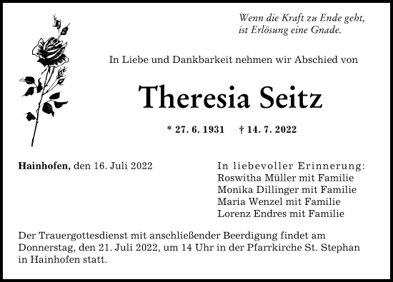 Traueranzeige von Theresia Seitz von Augsburger Allgemeine