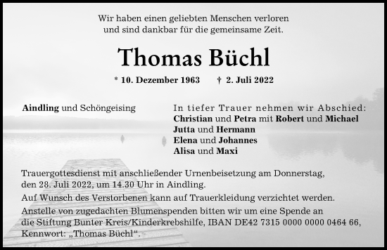 Traueranzeige von Thomas Büchl von Aichacher Nachrichten