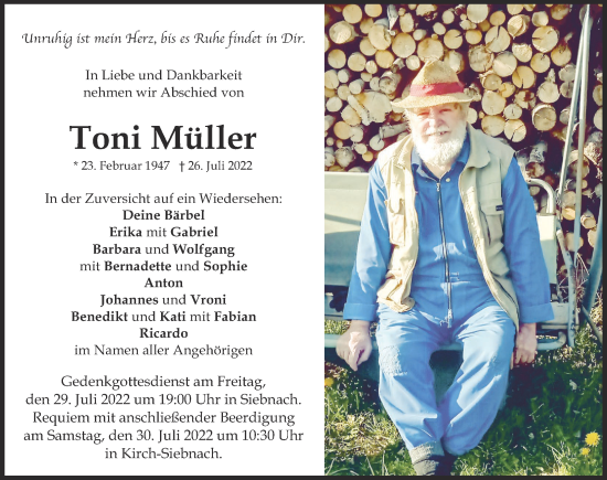 Traueranzeige von Toni Müller von Mindelheimer Zeitung