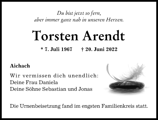 Traueranzeige von Torsten Arendt von Aichacher Nachrichten