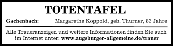 Traueranzeige von Totentafel vom 16.07.2022 von Aichacher Nachrichten