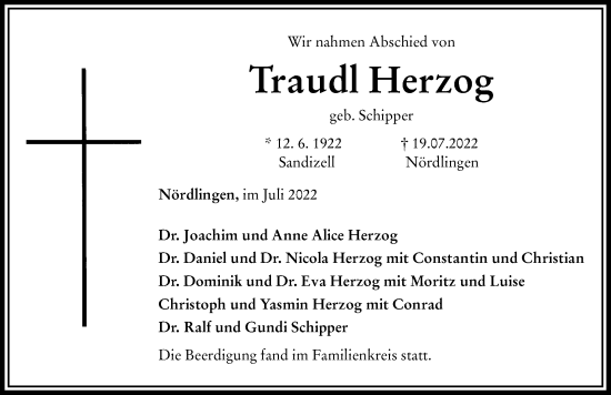 Traueranzeige von Traudl Herzog von Rieser Nachrichten