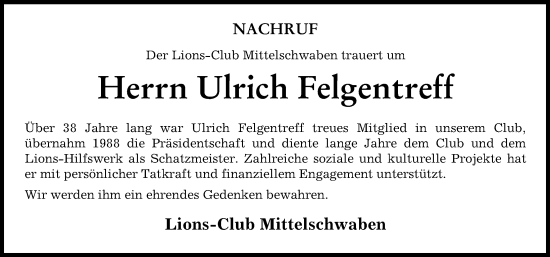 Traueranzeige von Ulrich Felgentreff von Mittelschwäbische Nachrichten