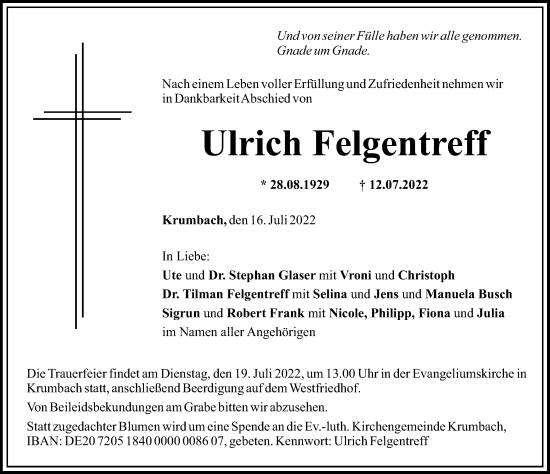 Traueranzeige von Ulrich Felgentreff von Mittelschwäbische Nachrichten