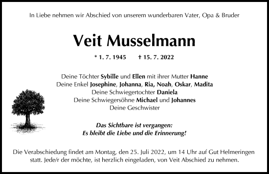 Traueranzeige von Veit Musselmann von Donau Zeitung