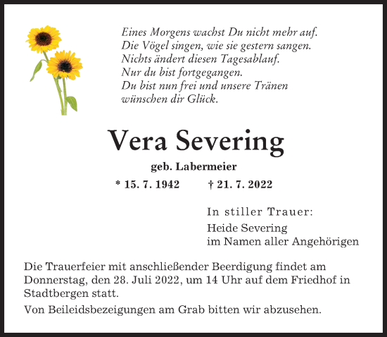 Traueranzeige von Vera Severing von Augsburger Allgemeine