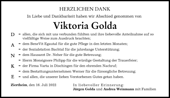 Traueranzeige von Viktoria Golda von Donau Zeitung