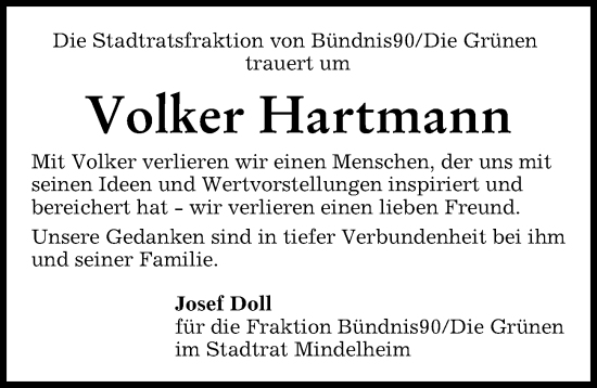 Traueranzeige von Volker Hartmann von Mindelheimer Zeitung