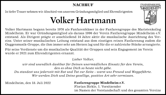 Traueranzeige von Volker Hartmann von Mindelheimer Zeitung