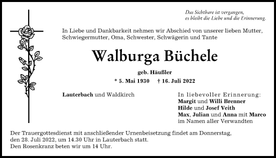 Traueranzeige von Walburga Büchele von Wertinger Zeitung
