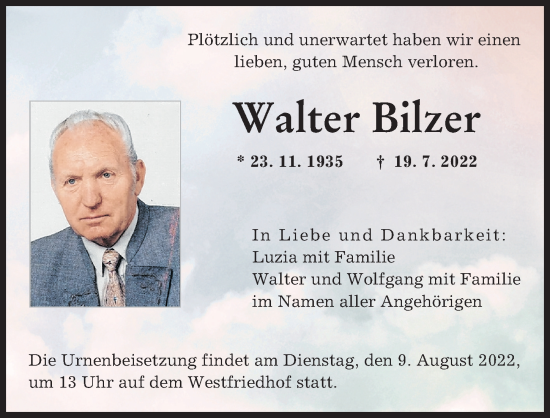 Traueranzeige von Walter Bilzer von Augsburger Allgemeine