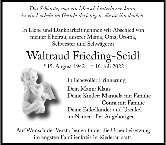 Traueranzeige von Waltraud  Frieding-Seidl von Landsberger Tagblatt
