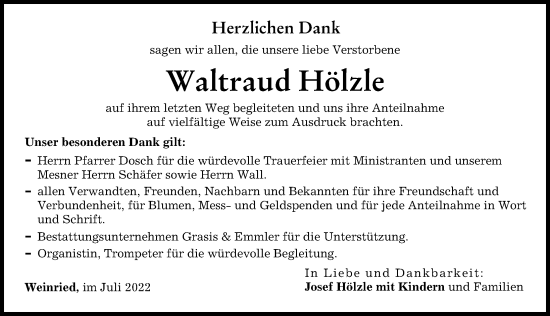 Traueranzeige von Waltraud Hölzle von Illertisser Zeitung