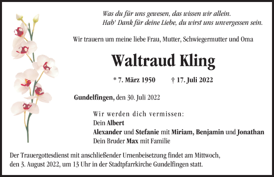 Traueranzeige von Waltraud Kling von Donau Zeitung