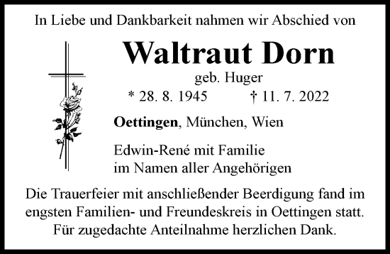 Traueranzeige von Waltraut Dorn von Rieser Nachrichten