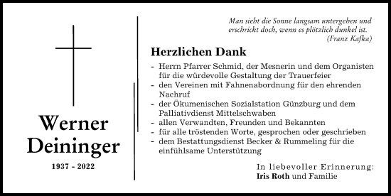 Traueranzeige von Werner Deininger von Günzburger Zeitung