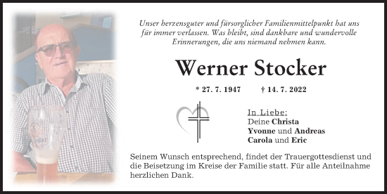Traueranzeige von Werner Stocker von Donau Zeitung
