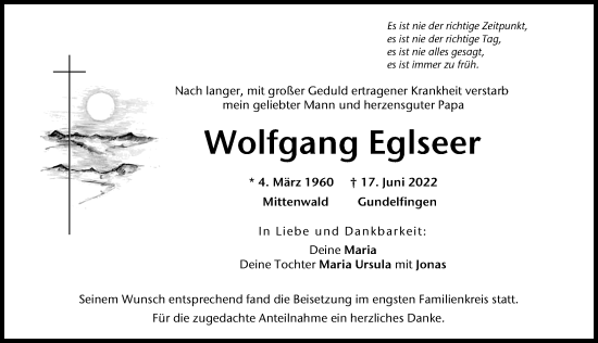 Traueranzeige von Wolfgang Eglseer von Donau Zeitung