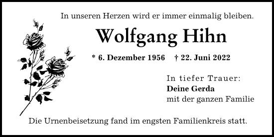 Traueranzeige von Wolfgang Hihn von Augsburger Allgemeine