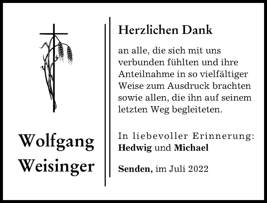 Traueranzeige von Wolfgang Weisinger von Neu-Ulmer Zeitung