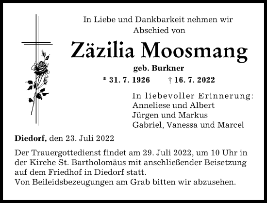 Traueranzeige von Zäzilia Moosmang von Augsburger Allgemeine