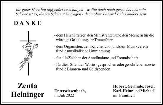 Traueranzeige von Zenta Heininger von Mittelschwäbische Nachrichten