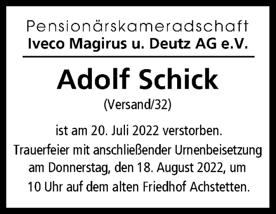 Traueranzeige von Adolf Schick von Illertisser Zeitung, Günzburger Zeitung, Neu-Ulmer Zeitung