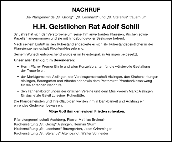 Traueranzeige von Adolf Schill von Donau Zeitung