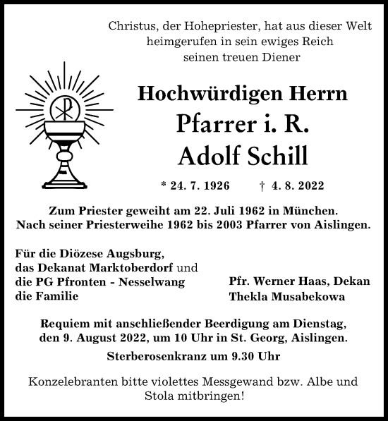 Traueranzeige von Adolf Schill von Augsburger Allgemeine
