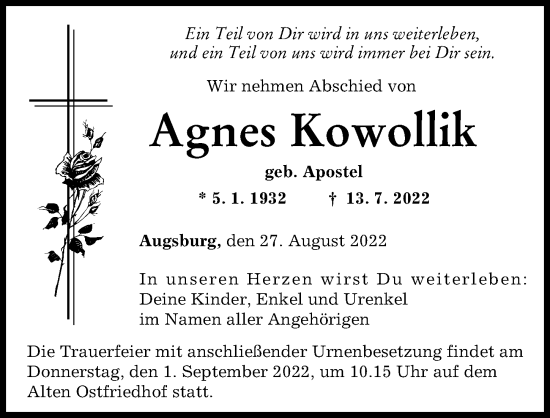 Traueranzeige von Agnes Kowollik von Augsburger Allgemeine