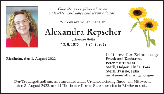 Traueranzeige von Alexandra Repscher von Günzburger Zeitung