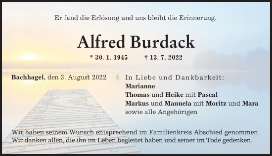 Traueranzeige von Alfred Burdack von Donau Zeitung
