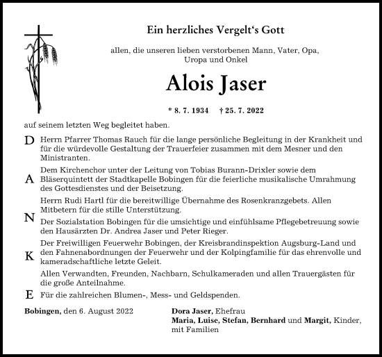 Traueranzeige von Alois Jaser von Schwabmünchner Allgemeine
