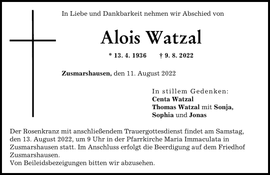 Traueranzeige von Alois Watzal von Augsburg-Land